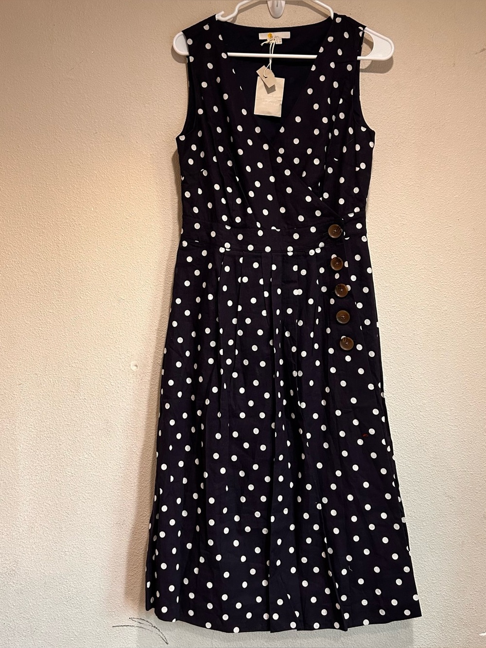Boden Dress Sz 8R Navy Blue Polka Dot Linen Cotton Blend Wrap Sleeveless